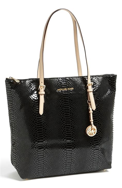 michael kors signature patent leather tote|michael kors black signature handbag.